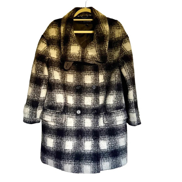 Banana Republic Black White Plaid Italian Wool Blend Coat Size M Double Breasted - Picture 1 of 12